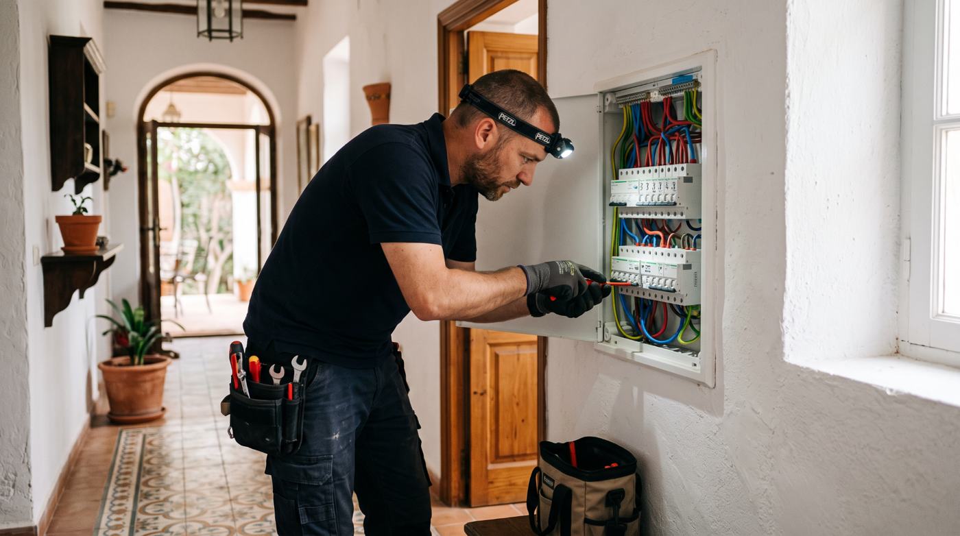 Electricista revisando un cuadro eléctrico en Marbella (imagen ilustrativa)