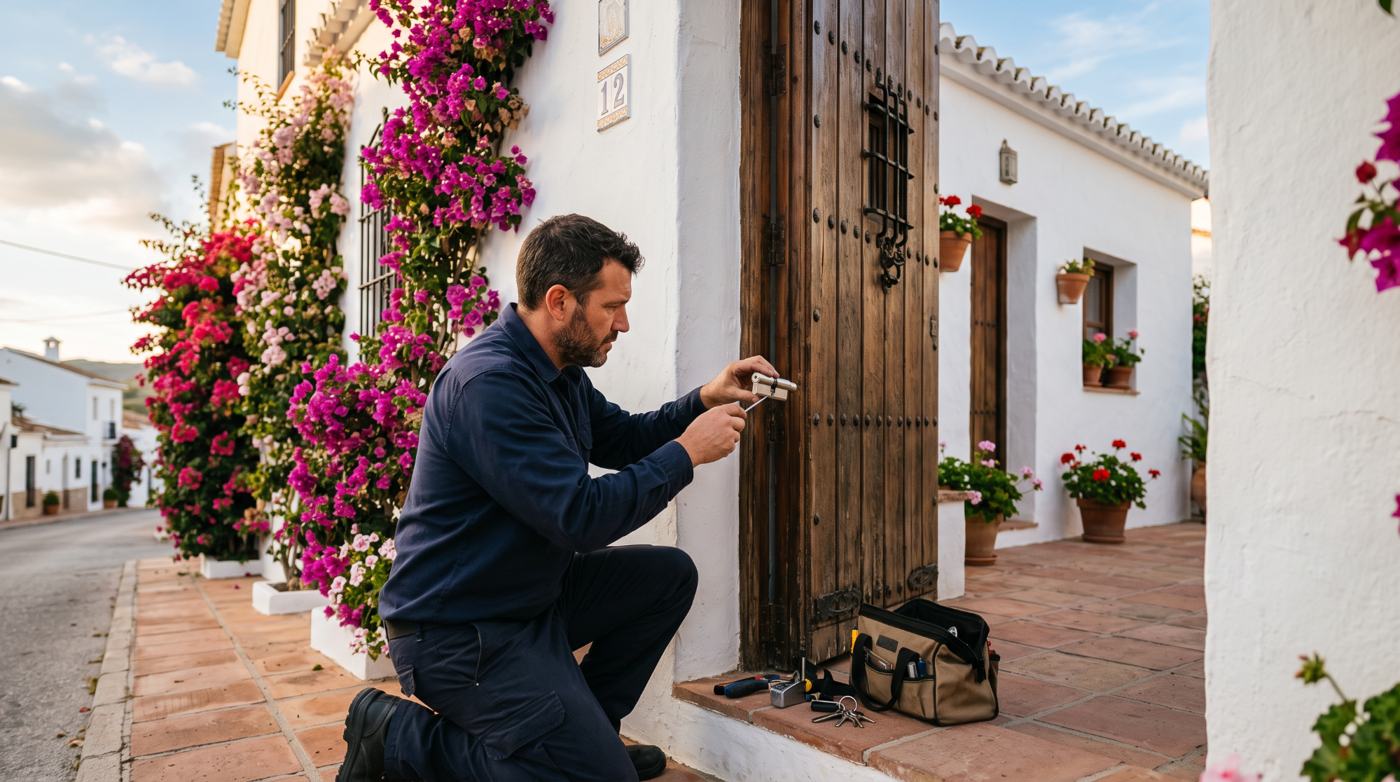 Locksmith working on the front door of an Andalusian house in Marbella (illustrative image)
