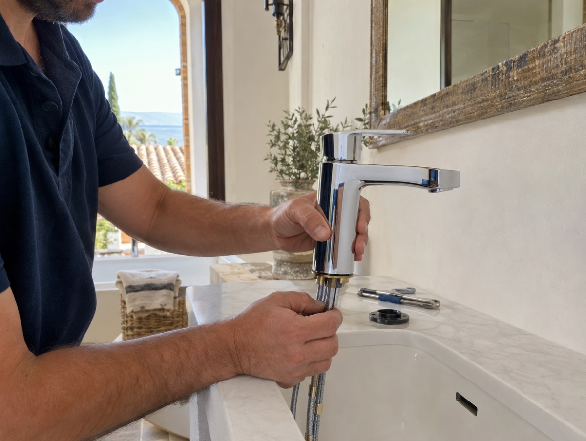 Plumber fitting a new bathroom tap (illustrative image)