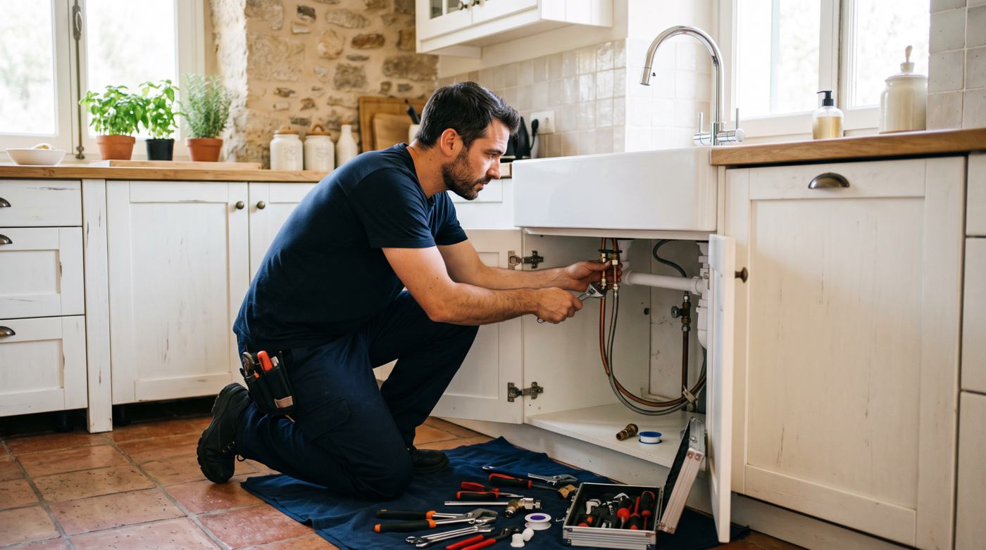 Plumber repairing a leak under the sink (illustrative image)