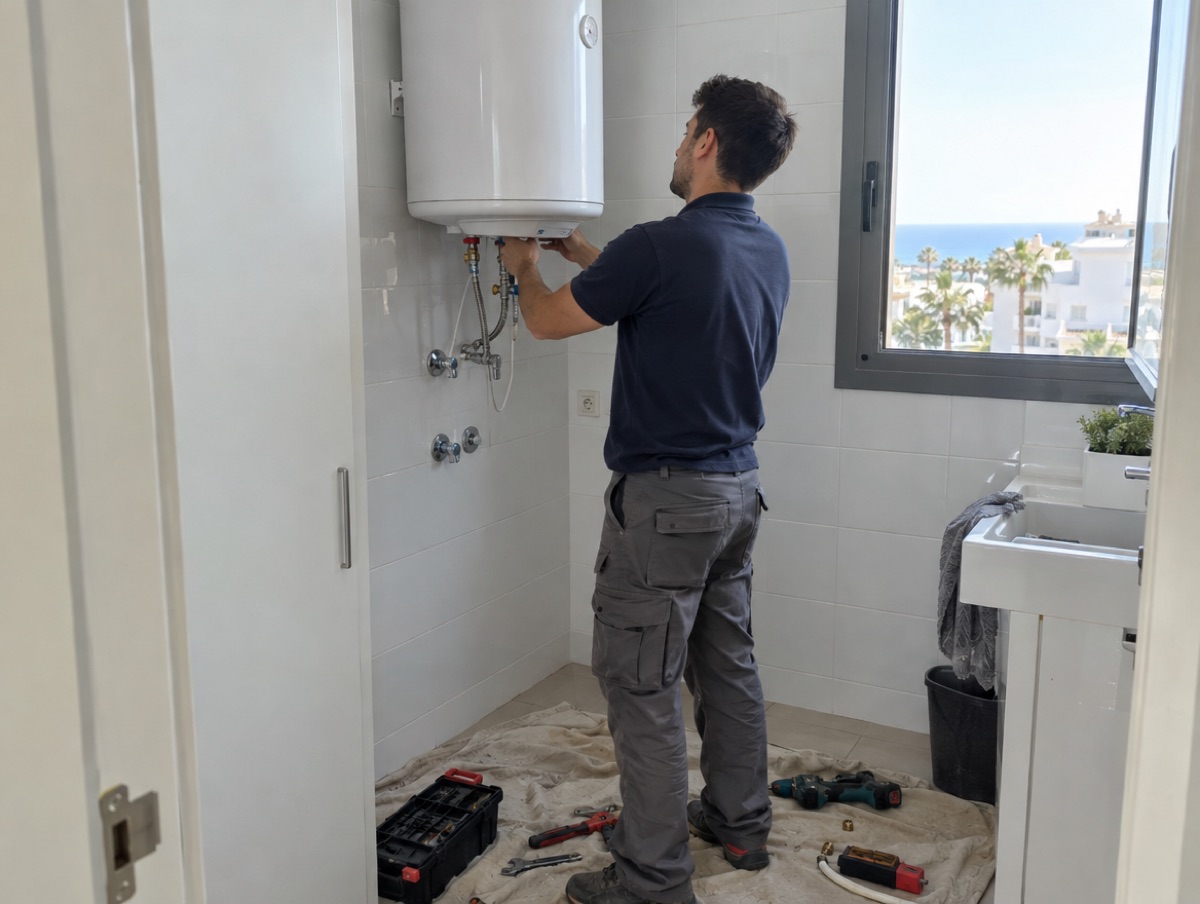 Plumber replacing an electric water heater (illustrative image)